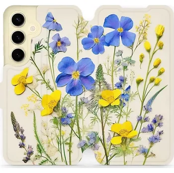 Pouzdro na mobilní telefon Flipové pouzdro Mobiwear - Samsung Galaxy S24 - VP41S Modré a žluté kvítky (Knížkové flip pouzdro, obal, kryt na mobil Samsung Galaxy S24 - VP41S Modré a žluté kvítky, materiál Umělá kůže + TPU - ochrana 360°, stojánek, silikonová vanička, magnetické)