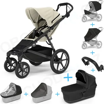 Dětské zboží Set 7v1 Thule Urban Glide 4-wheel Soft beige 2024 + pláštěnka + ochranná síť + madlo + korbička Black + pláštěnka + ochranná síť na korbičku