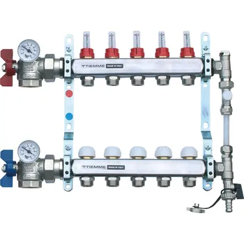 rozdělovač topení TIEMME NEREZ rohový plně osazený rozdělovač 1" s průtokoměry a by-passem 8 okruhů