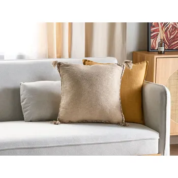 Polštář Dekorativní polštář béžová juta 45 x 45 cm tkaný odnímatelný potah se zipem bytové doplňky v boho stylu Beliani