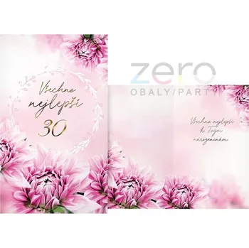 Přání s textem narozeninové 30 + obálka - kytky