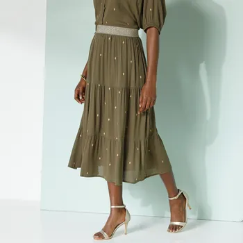 Dámské oblečení Midi volánová sukně se zlatavým potiskem khaki/zlatá 52