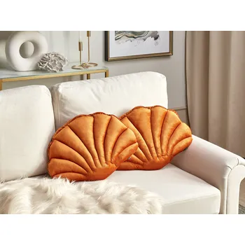 Sada 2 dekorativních polštářů ve tvaru mořské mušle oranžové sametové dekorační doplňky obývací pokoj ložnice Beliani