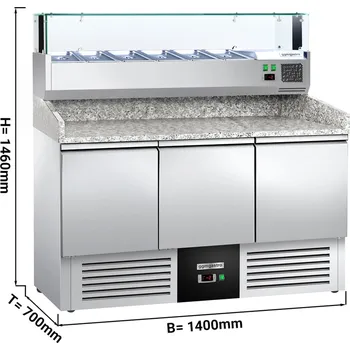 G.Gastro Commercial Refrigerated Pizza Prep Counter PREMIUM - 1400x700 - 3 Doors - Top Display Rail - 6x GN 1/4