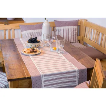 ubrus Běhoun z vínového kanafasu pruhy a puntíky s krajkou Běhouny sešívané: 43x200cm