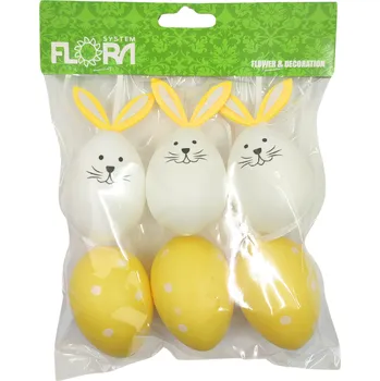 Velikonoční dekorace Vajíčka velikonoční na zavěšení, BÍLÉ, ŽLUTÉ - ZAJÍČEK, 6 cm, 6ks/bal.