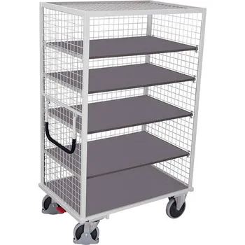 Plošinový vozík Skříňový vozík VARIOfit s policemi, síťované stěny, pět polic, 1045 x 685 mm, nosnost 500 kg, barva šedá RAL7035 /deska šedá
