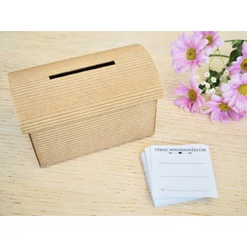 Svatební dekorace Svatba-eshop Set truhlička přírodní a 50 ks kartiček Vzkaz novomanželům - zábava pro svatební hosty