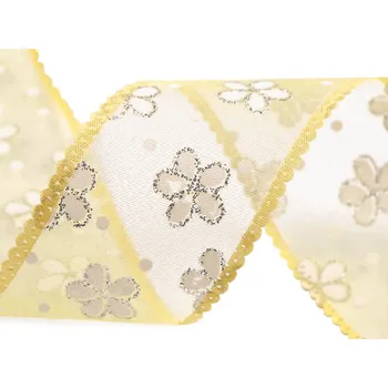 Organzová stuha s květy a glitry šíře 40 mm, barva 2 žlutá