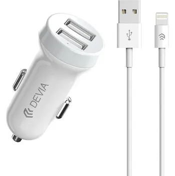 Nabíječka pro GPS 2v1 nabíjecí sada DEVIA pro Apple zařízení - autonabíječka s 2 USB porty (3.1A) a kabel Lightning - bílá
