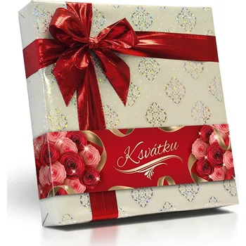 Bonboniéra Selllot, s.r.o., K Hájům 34, 155 00 Praha 5 - Vyrobeno v Belgii K svátku - Výběr belgických pralinek Belgian ve stříbrném papíru s červenou mašlí 200 g