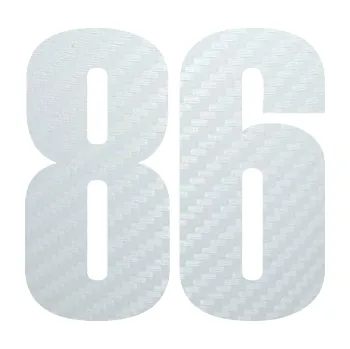 Samolepicí dekorace na vozidlo Startovní číslo 86 typ 2 (51 - 3D karbon bílý) SAMOLEPKA NA AUTO, NÁLEPKA, FÓLIE, POLEP, TUNING, VLASTNÍ TEXT, TISK, AUTOSAMOLEPKY.cz, POLEPY, OBRÁZEK, LOGO, 3D STICKERS