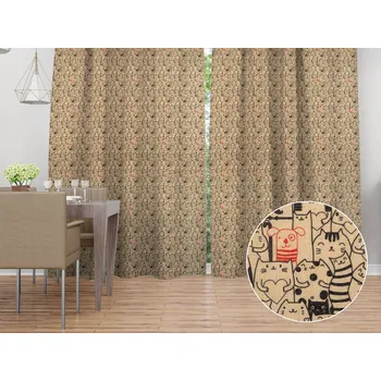 ubrus Dekorační závěs PML-093 Pes mezi kočkami na hnědobéžovém 145x180 cm