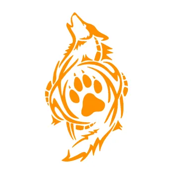 Polep vozidla Vlk 015 levá s tlapkou (06 - oranžová) SAMOLEPKA NA AUTO, NÁLEPKA, FÓLIE, POLEP, TUNING, VLASTNÍ TEXT, TISK, AUTOSAMOLEPKY.cz, POLEPY, OBRÁZEK, LOGO, 3D STICKERS