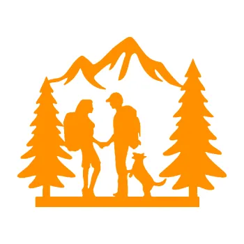 Samolepící dekorace SAMOLEPKA Zamilovaná turistika 001 levá výlet s pejskem (06 - oranžová) NA AUTO, NÁLEPKA, FÓLIE, POLEP, TUNING, VLASTNÍ TEXT, TISK, AUTOSAMOLEPKY.cz, POLEPY, OBRÁZEK, LOGO, SAMOLEPKY