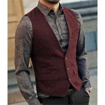 Pánská tweed vesta k obleku elegantní Barva: Bordová, Velikost: L