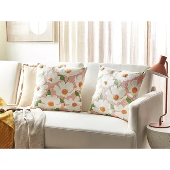 Dekorativní polštářek Sada 2 dekorativních polštářů růžová bavlna 45 x 45 cm květinový vzor ručně vyrobený snímatelný potah boho styl Beliani