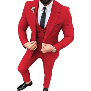Pánský oblek Svatební pánský oblek 3v1 sako, kalhoty a dvouřadá vesta Barva: Červená, Velikost: 4XL