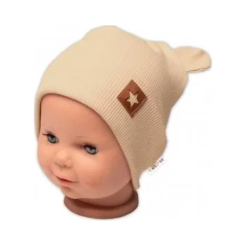 Baby Nellys Žebrovaná dvouvrstvá čepice s oušky TEDDY - béžová; 56/62 (0-3m)