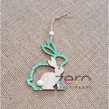 Velikonoční dekorace Zajíc se zajícem dřevěný závěsný 10,5 cm - přírodní/mátová