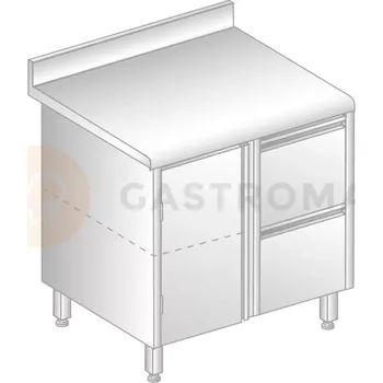 Nerezový dřez Stůl přístěnný z nerezové oceli se skříňkou, 2 šuplíky, zadní lištou a okapovou lištou 800x600x850 mm | DORA METAL, DM-S-3120
