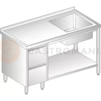 Nerezový dřez Stůl přístěnný z nerezové oceli s dřezem, 2 šuplíky a poličkou 1100x700x850 mm | DORA METAL, DM-3203
