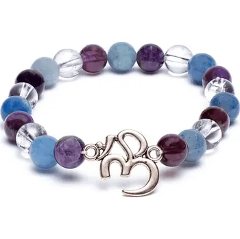 Náramek Milujeme Kameny Ametyst, křišťál a křemen modrý s přívěskem Óm - náramek kulička NK31 87039