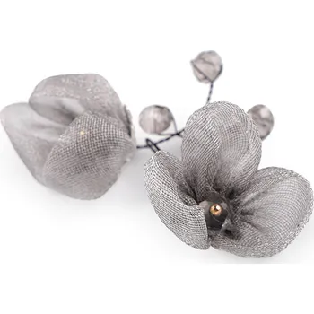 Květ na drátku s broušenými korálky hand made, barva 8 šedá světlá