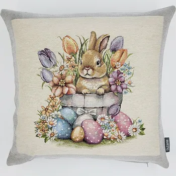 Dekorativní polštářek BYTEMA Gobelínový povlak na polštář ZAJÍC V KVĚTINÁČI šedý rám 45 x 45 cm