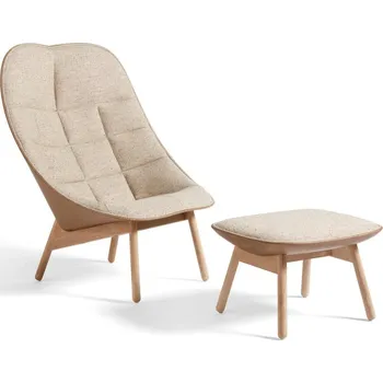 Křeslo HAY Křeslo Uchiwa Quilt s otomanem, lacquered solid oak / Bolgheri LGG60 / Sense Nougat