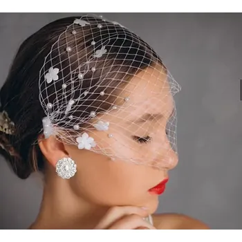 B-TOP Mini závoj na tvář s perlami a květy