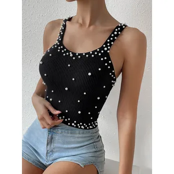 Dámská košile Černý perlový top s ramínky M
