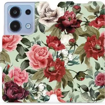 Pouzdro na mobilní telefon Flipové pouzdro Mobiwear - Xiaomi Redmi Note 13 4G - MD06P Růže a květy na světle zelené (Knížkové flip pouzdro, obal, kryt na mobil Xiaomi Redmi Note 13 4G - MD06P Růže a květy na světle zelené, materiál Umělá kůže + TPU - ochrana 360°, stojánek,)