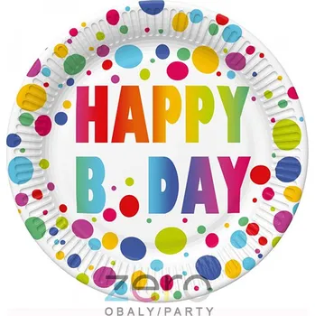 Jednorázové nádobí Tácek papírový kulatý s fólií pr. 18 cm (8 ks) - Happy B'Day puntíky