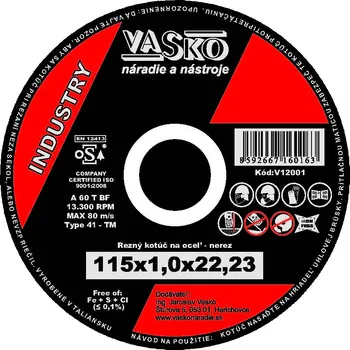 Řezný kotouč Řezný kotouč na kov a nerez 115 x 1,0 x 22,2 INDUSTRY