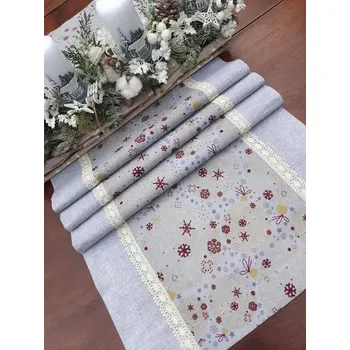 Vánoční dekorace Běhoun vánoční - bordó vločky na šedé