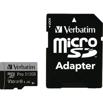 Paměťová karta Verbatim Pro paměťová karta microSDXC 512 GB UHS-Class 3 podpora videa 4K, výkonnostní standard A2, vč. SD adaptéru, nárazuvzdorné, vodotěsné
