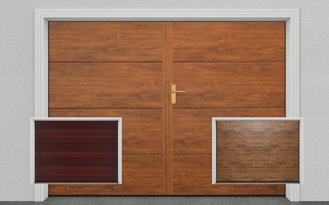 Dvoukřídlá zateplená vrata do šířky 2700 mm - imitace dřeva výška do 2000 mm