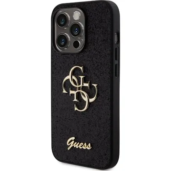 Telefonní příslušenství Guess PU Fixed Glitter 4G Metal Logo Zadní Kryt pro iPhone 15 Pro Černý Prémiový kryt je vyroben s použitím speciálního materiálu, uvnitř kterého jsou umístěny třpytky, které jej dělají neuvěřitelně