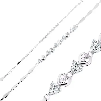 Náramek Nastavitelný náramek, stříbro 925, střídající se lesklá a čirá zirkonová srdce