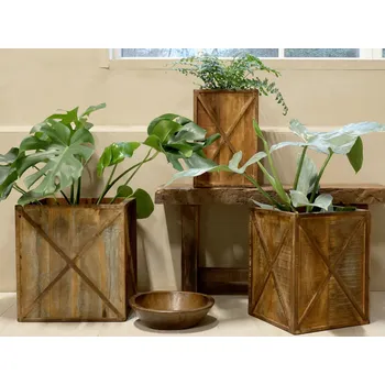 Květináč 3ks hnědý antik dřevěný box / obal na květináč Grimaud Unit - 37*37*40/ 30*30*39/ 24*24*37 cm