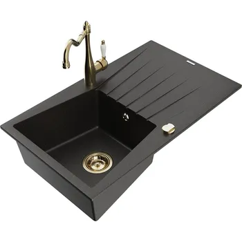 Granitový dřez MEXEN/S - Cesar granitový dřez 1-miska s odkapávačem včetně baterie Carla, černá/zlatá metalik 6514-75-670700-50