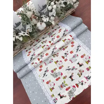 ubrus Běhoun vánoční - vánoční pejsci v kombinaci se stříbrnými hvězdičkami na šedé