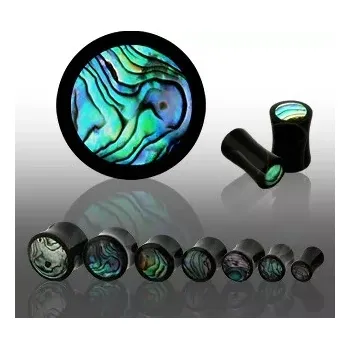 Piercing Sedlový plug z černého organického materiálu, kruh z mušle Abalone - Tloušťka : 14 mm