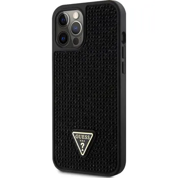 Telefonní příslušenství Guess Rhinestones Triangle Metal Logo Kryt pro iPhone 12/12 Pro černý Guess Rhinestones Triangle Metal Logo ochranný kryt telefonu v kombinaci zadní strany pokryté drobnými kamínky a pružnými PU boky