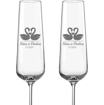 Sklenice Svatební skleničky na sekt Labutě se jmény a datem svatby, 2 ks (Do poznámky v nákupním košíku napište jména novomanželů a datum svatby)