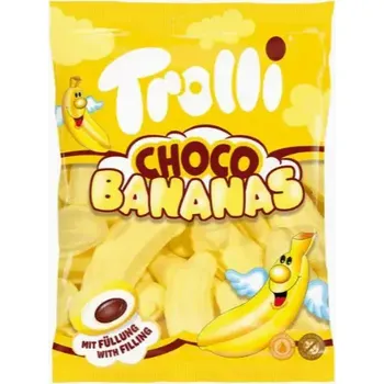 Cukrovinka Marshmallow želé TROLLI 150 g CHOCO BANANAS s čokoládovou náplní (Choco Bananas chutné želé bonbóny natural bez glutenu 150g)
