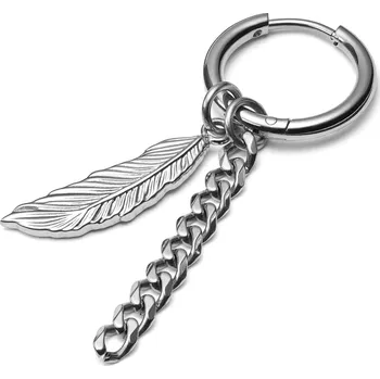 Náušnice Ocelová náušnice stříbrné barvy s peříčkem a řetízkem - Lucleon