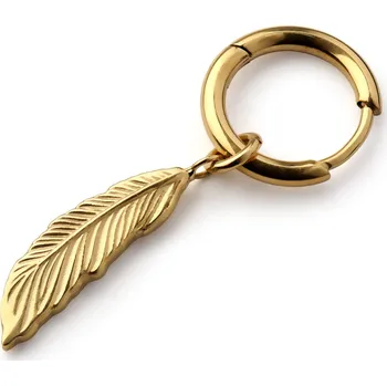Náušnice Titanová náušnice kroužek zlaté barvy s přívěskem peříčko - Lucleon