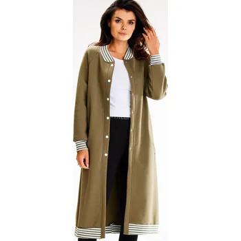 Dámská mikina Dlouhá, rovná mikina s ozdobnými pruhovanými manžetami A612 Barva: Khaki, Velikost: S/M